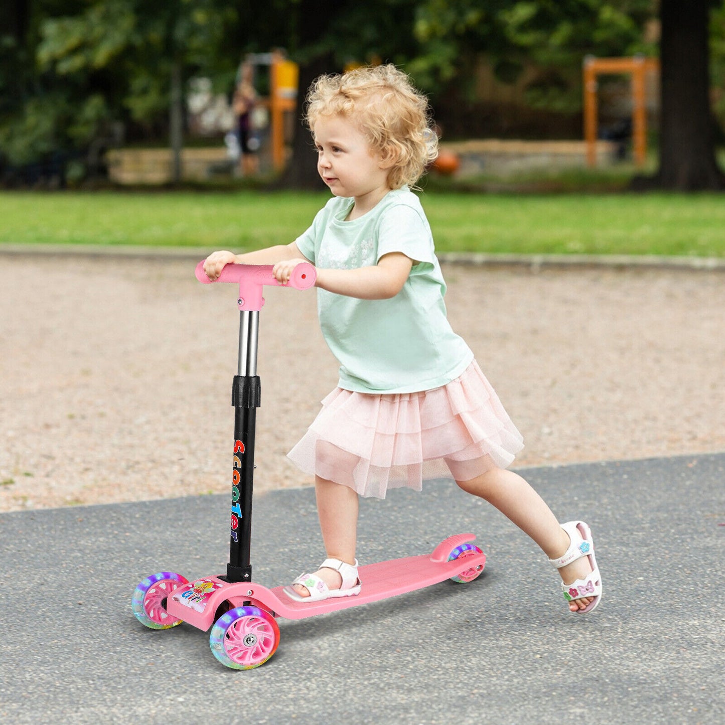 Pink-Blue Kids Scooter 3 Wheels Kids Kick Push Flashing Led Light Up Adjustable