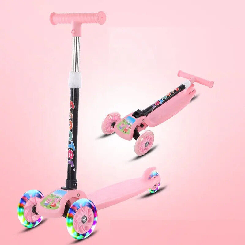 Pink-Blue Kids Scooter 3 Wheels Kids Kick Push Flashing Led Light Up Adjustable