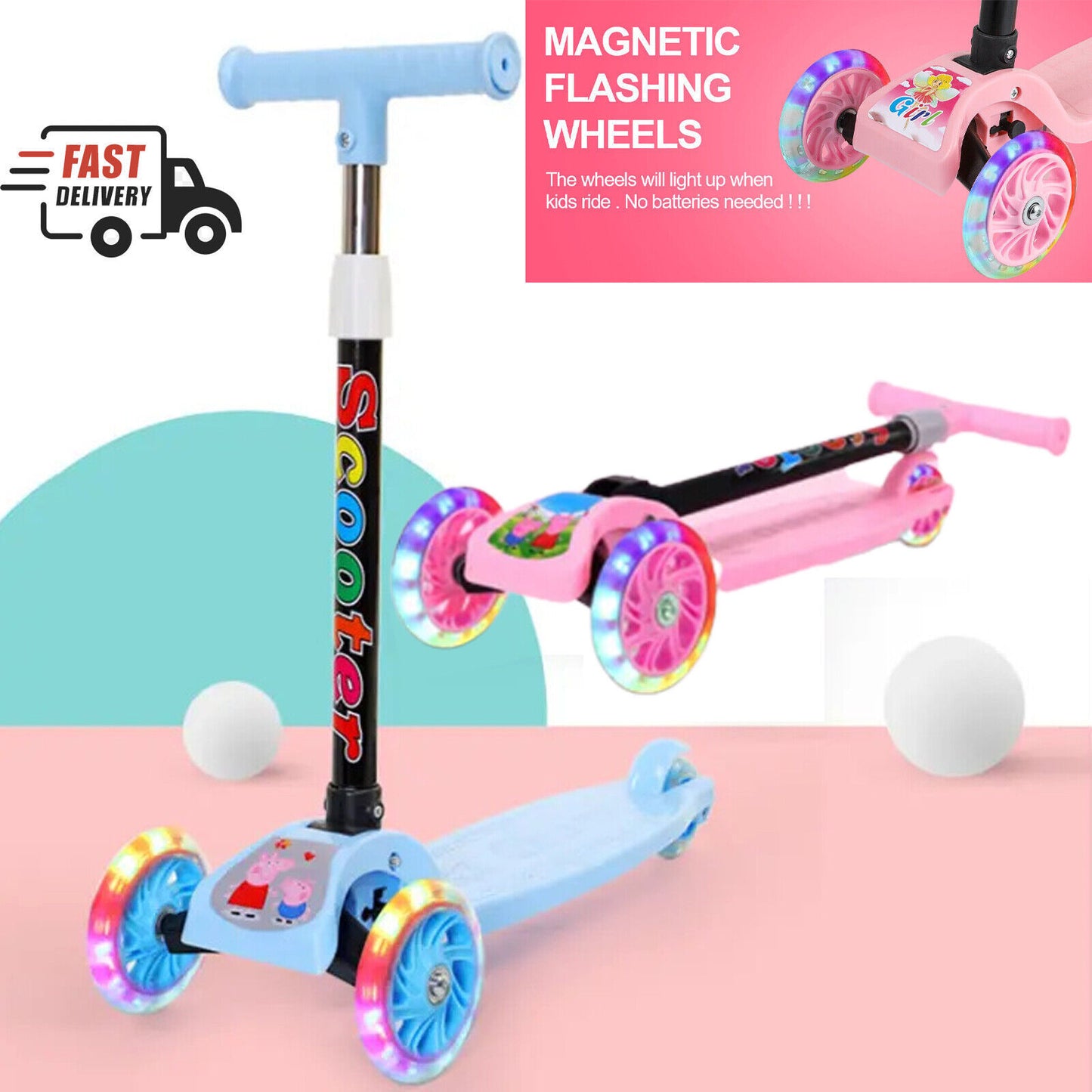 Pink-Blue Kids Scooter 3 Wheels Kids Kick Push Flashing Led Light Up Adjustable